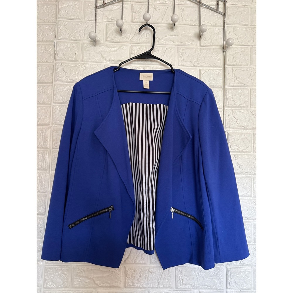 Chicos Royal Blue Ponte Knit Open Front Blazer Jacket Zipper Pockets Size 2 L/12